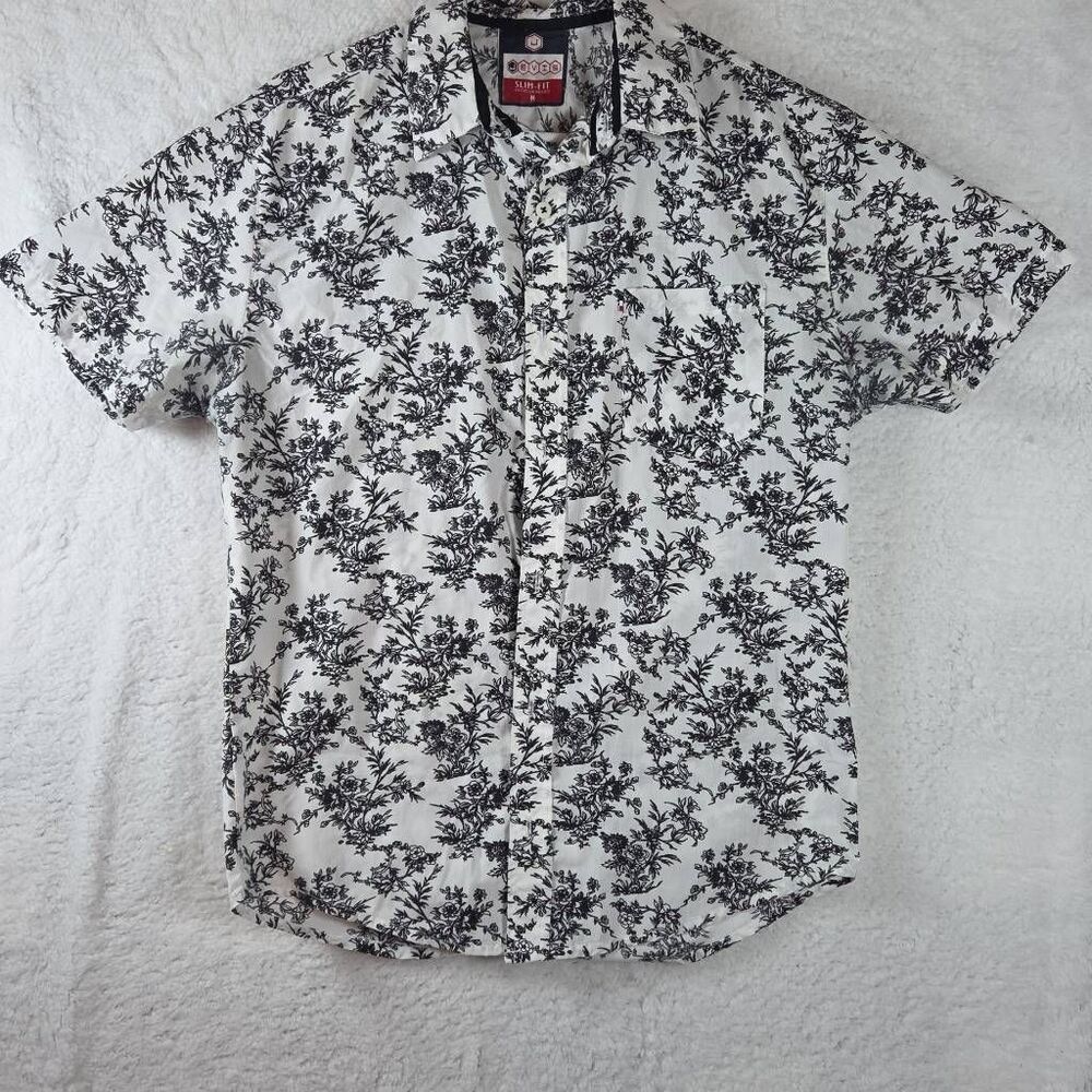 Jevis Men's Floral Slim Fit Short‎ Sleeve Button-up Shirt Black & White Medium